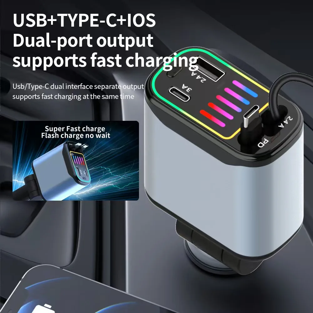 PD 30W Retractable Car USB Charger 120W Car Phone Charger Type-c IOS Fast Charging for iPhone 16 15 14 13 Samsung
