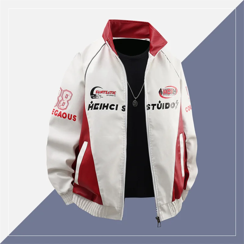 

Man Leather Jacket Autmn Motorcycle Punk Lettr Printed Contrast Color Male Coat Stand Collar Long Sleeve Zipper Men Outerwear