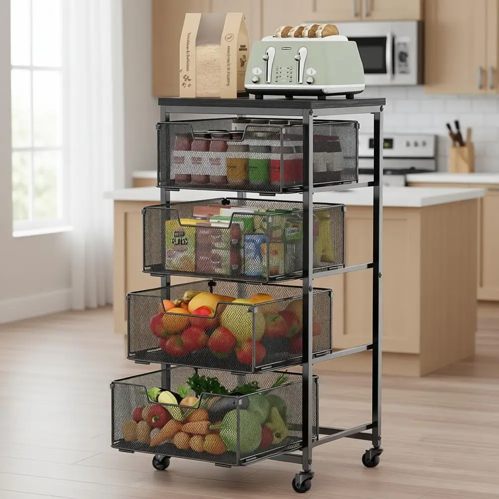 

Многоуровневая передвижная кухонная тележка с деревянной столешницей для овощей, консервов и закусок