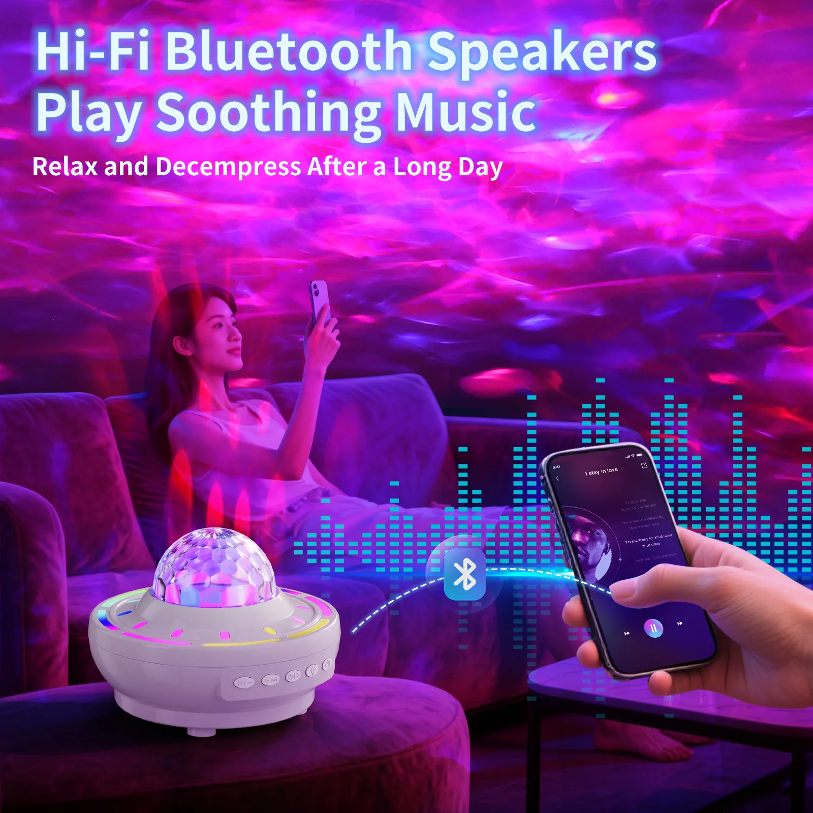星空ムードライトプロジェクターナイトライト Bluetoothスピーカー付き オーロラウェーブ ルームマスターベッドルーム ロマンチックな雰囲気のナイトライト