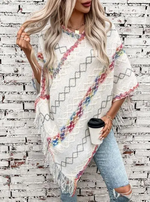 

Drizzle Autumn and Winter New Women's Clothing Colorful Striped Knitted Tassel Cloak Shawl Sweater