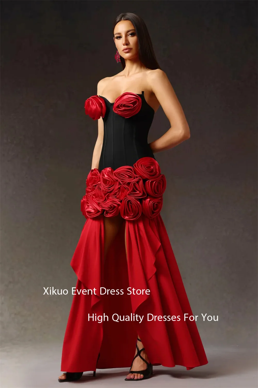 Xikuo vermelho e preto cetim vestidos de noite querida sofisticado robe cocktail femmes plissado 3d flores vestidos de baile personalizado