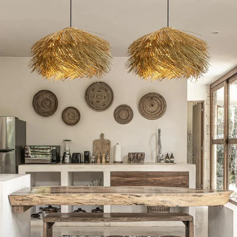Rattan straw hat chandelier farmhouse homestay restaurant chandelier living room hotel vintage rattan lamps