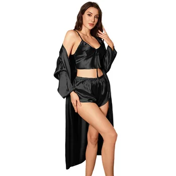 3PCS Sexy Women Pajamas Ladies Nightgowns Satin Robes Nightdress Sling and Short Women Robe 6