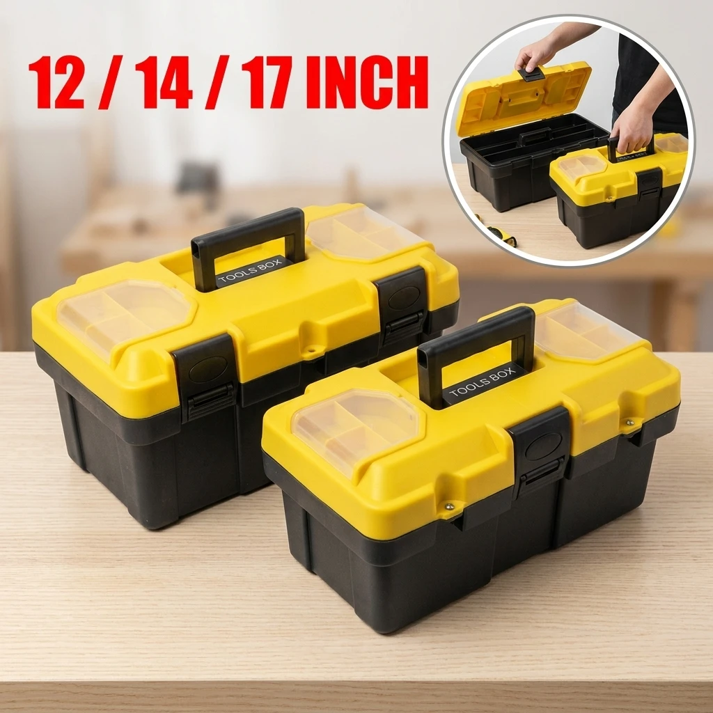 12/14/17inch Heavy Duty Thickened Plastic Tool Box With Clear Compartments And Secure Latch Perfect Home Garage DIY Repair Work