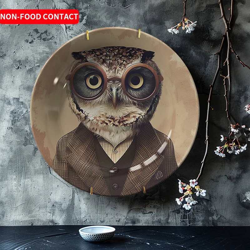 1pc Non-Food Contact Wise Owl Ceramic Decorative Plate Gentleman Glasses Business Style Home Decor Living Room Study Desk
