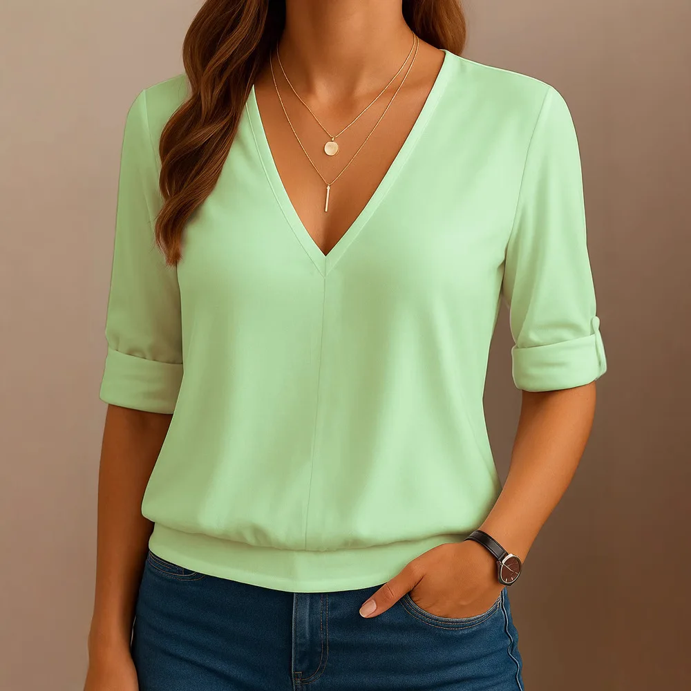 Nieuwe Zomer Casual Mode Effen Lange mouwen Top T-shirt T-shirts Elegante V-hals Wit Tops T-shirt Femme