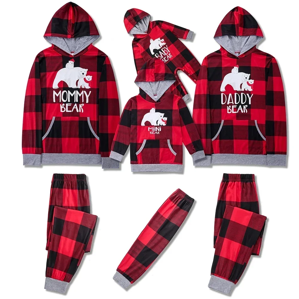 Christmas Look Mommy Daddy Mini Bear Print Pajamas Set Adults Kids Matching Outfits Hooded Pocket Tracksuit Loose Soft Sleepwear