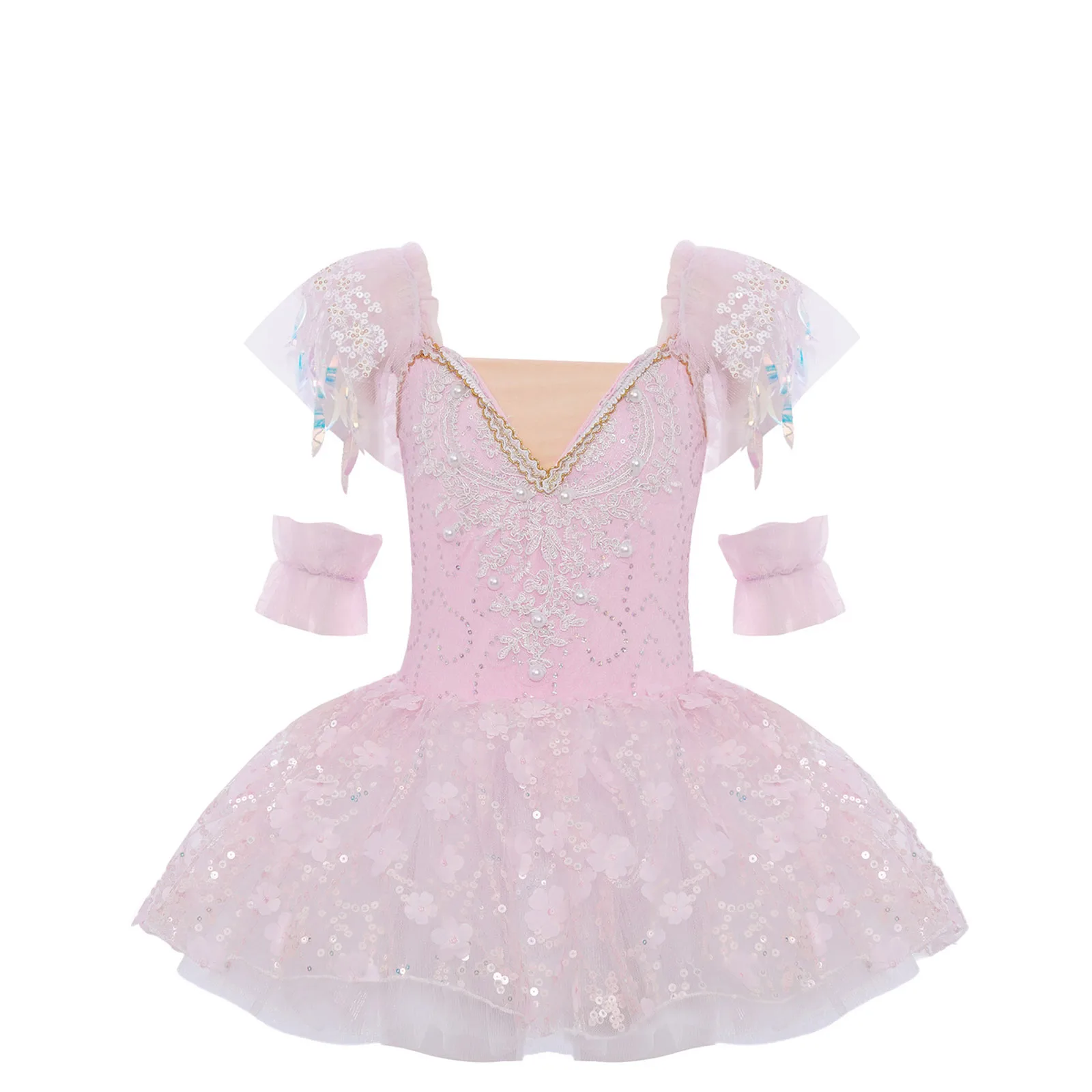 

Kids Girls Ballet Performance Dancewear Ruffled Sleeves Applique Bodice Shiny Sequins Floral Layered Tulle Tutu Dress with Cuffs