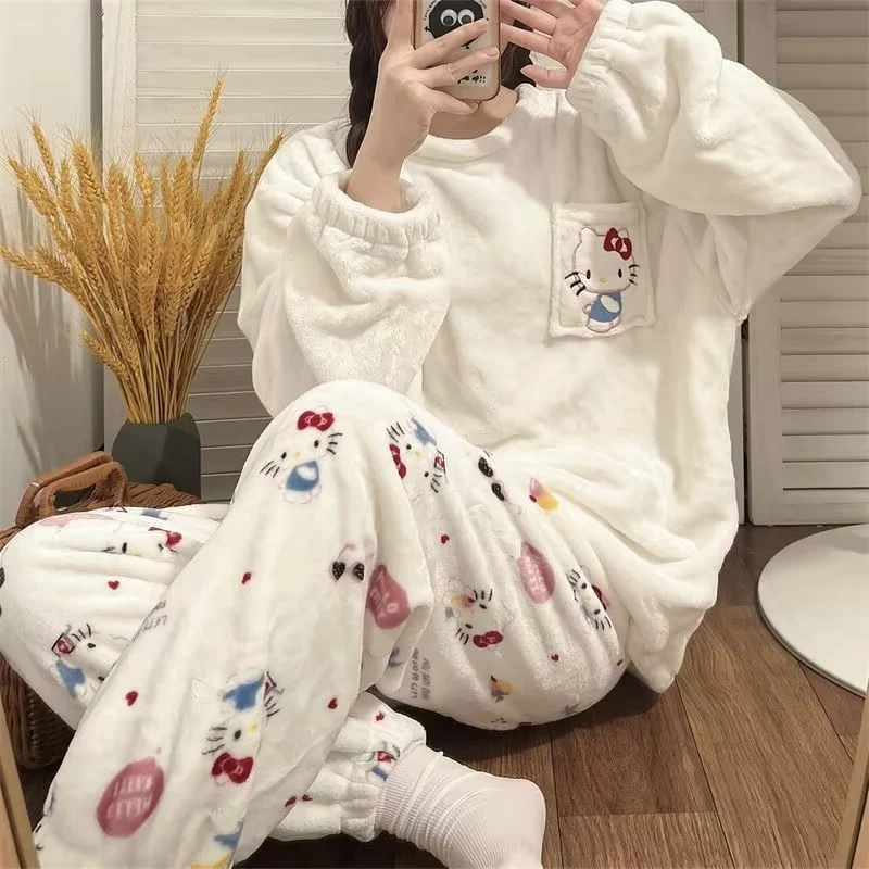 New Sanrio Cinnamoroll Kawaii Cartoon Pajama Sets Winter Warm Thickened Woman Clothes Plush Homewear Cute Sleepwear Loungewear