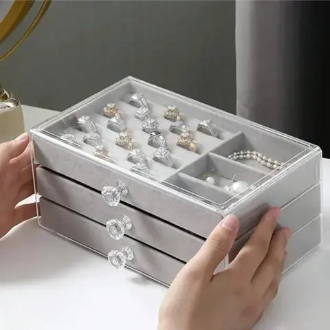 3 서랍과 아크릴 벨벳 보석 주최자 쌓을 수있는 디스플레이 스토리지 귀걸이 목걸이 팔찌 상자 홀더 케이스 여성을위한