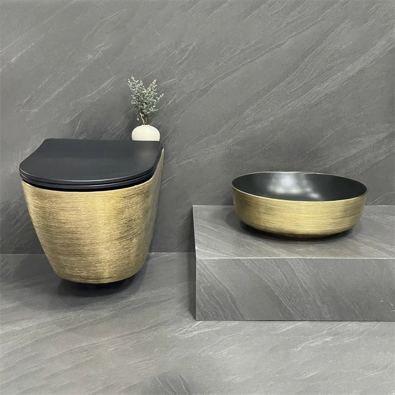 Luxury black gold basin custom toilet ceramic wall-mounted toilet gold wall-mounted toilet set