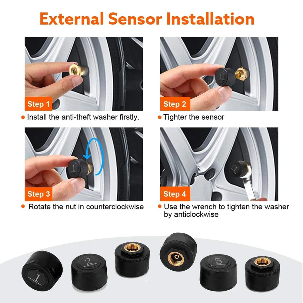 Tire Pressure Monitoring System Alarm Tpms 6 Sensors Solar  Charging Tire Pressure Sensors for Trucks RV BUS Safety Driving