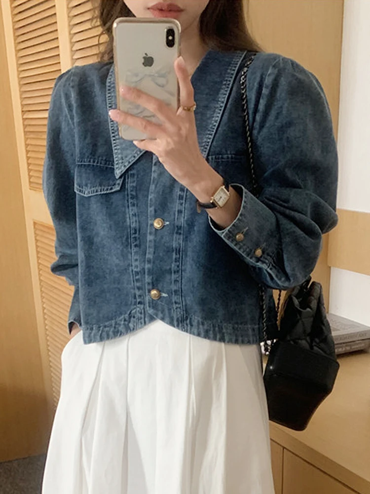 

Retro Chic Autumn Long Sve ort Denim irt Women's Loose Fit Versatile Single Button Front Collar Jaet Casual Outerwear
