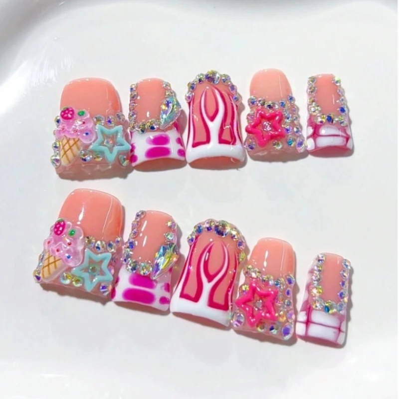 

10Pcs Summer Trendy Handmade Duck Y2k Press on Nails French Pink Sparkling Rhinestone Star Design False Short Nail Tips