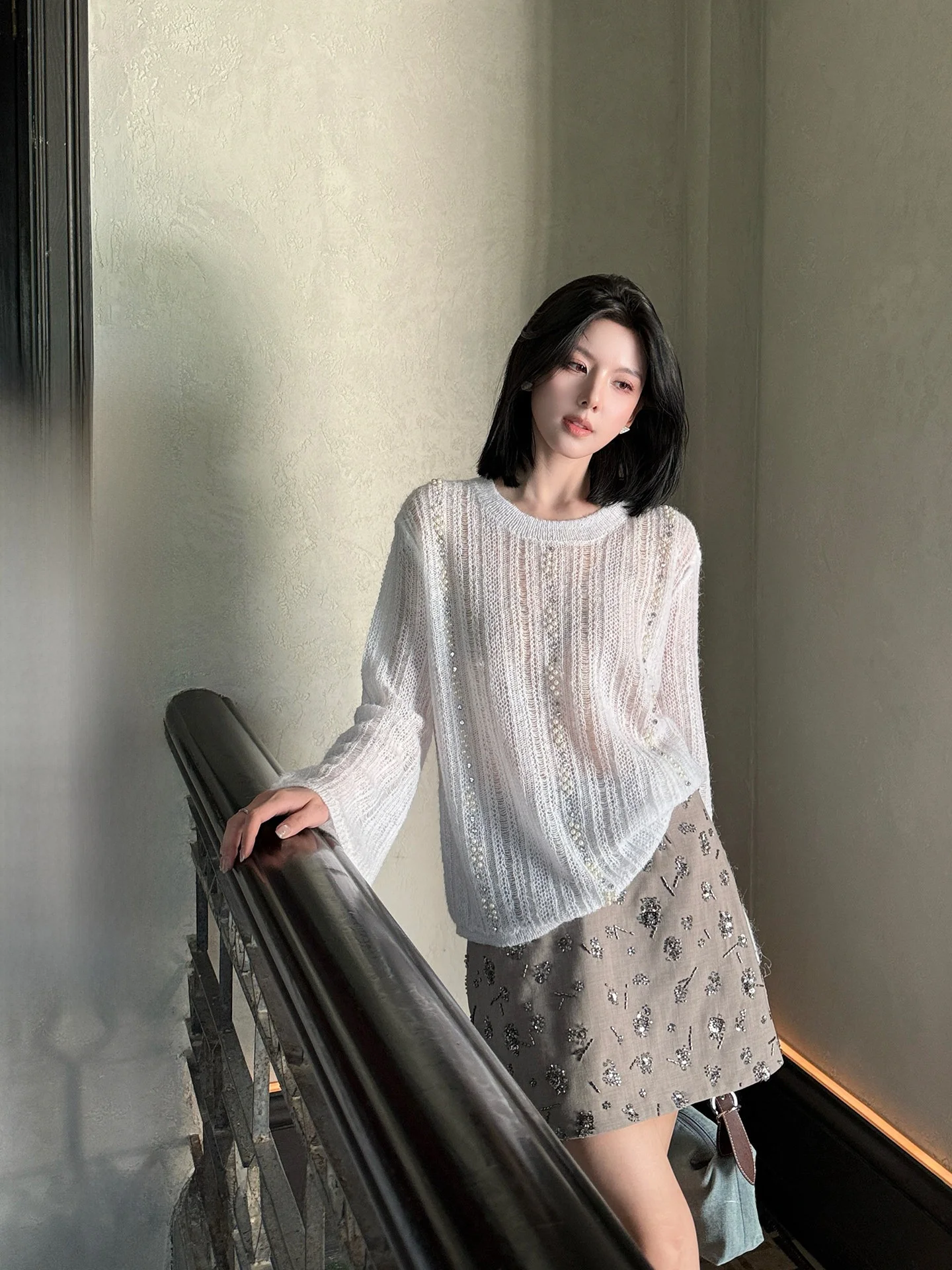 

Limited Time Offer Knitted round Ne Hollow out Sweater Qian Ding Pearl Decorated Soft Medium Nylon Polyester Acrylic Blend ...
