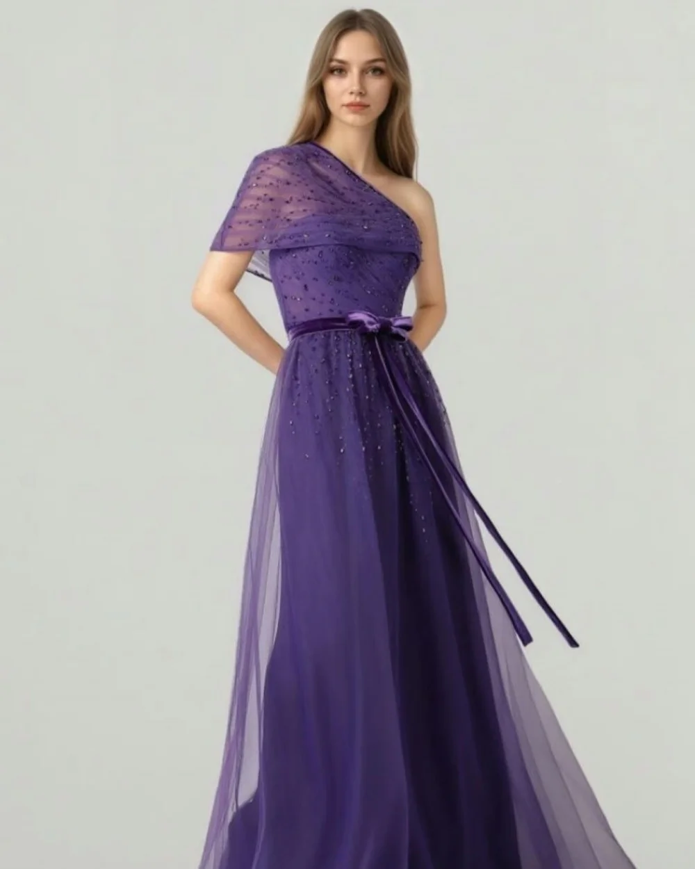 

Customized Modern Style Tulle Rhinestone Beading A-Line Evening Dress Formal Off-the-shoulder Sleeveless Floor Lenght Party Gown