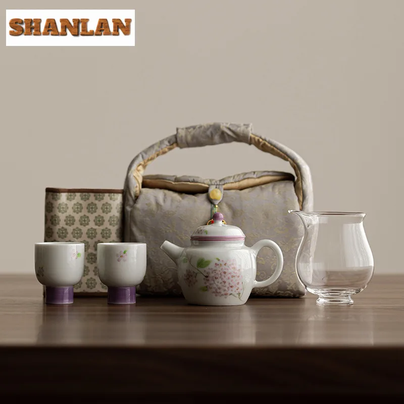 Hand-painted Embroidered Ball Flower Travel Tea Set Kit Boutique 1 Pot 2 Cups Tea Maker Organizer Portable Picnic Handbag craft