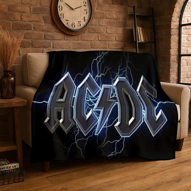 Retro ACDC Rock Band Catoon Flannel Blanket Soft Warm Throw Blanket for Bedroom Living Room Bed Travel Camping Picnic Gift