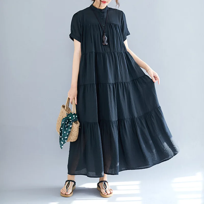 Johnature Solid Color New Stand Collar Short Sleeve Button Loose Casual Long Thin Women Dresses 2025 Summer Causal Korean Dress