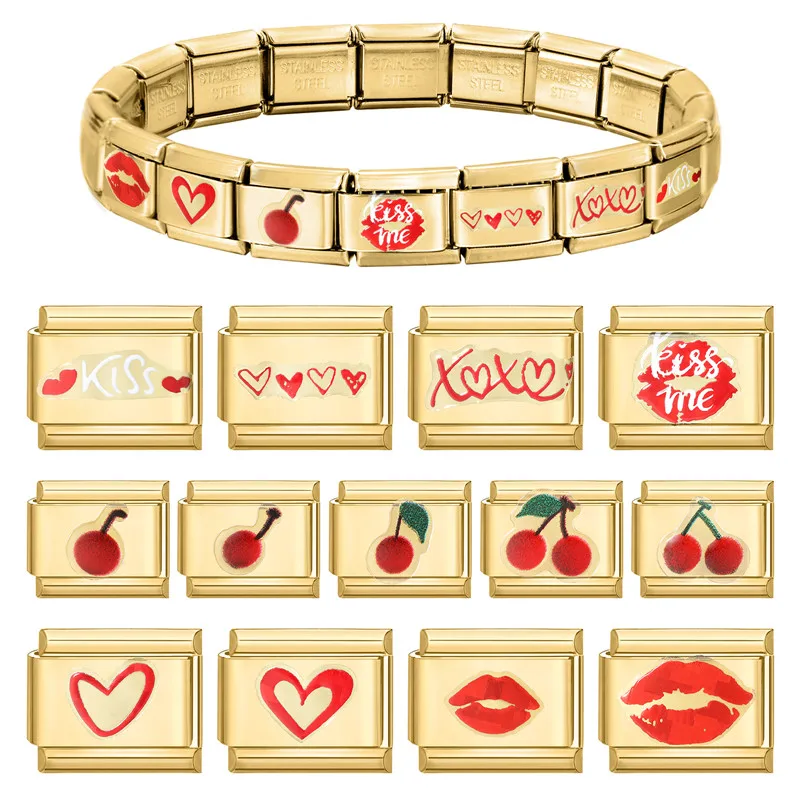 Wholesale Sticker Module Heart Cherry Lips Gold Color Italian Charm Links Fit 9MM Bracelet Stainless Steel Women Men DIY Making