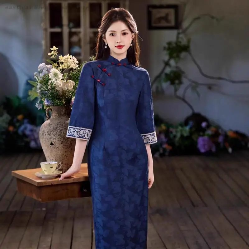 

2025 Autumn New Butterfly Jacquard Cheongsam Retro Traditional New Chinese Style Dress Women Elegant Vintage Button Qipao