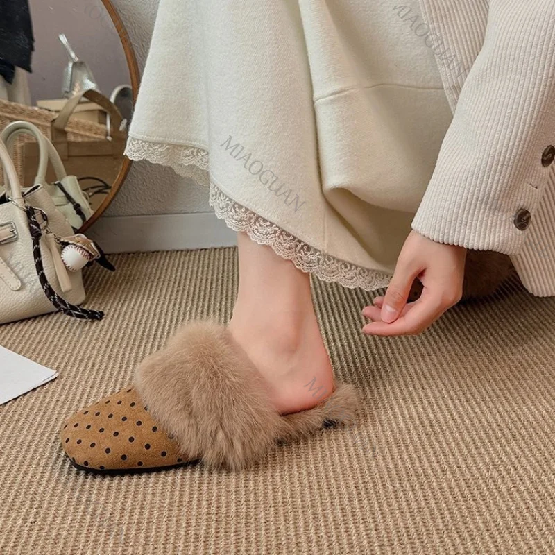 Fashion Polka Dot Women's Furry Slippers Indoor Outdoor Plush Lined Slip-On Flat Sole Cotton Shoes Lady Slides pantuflas mujer