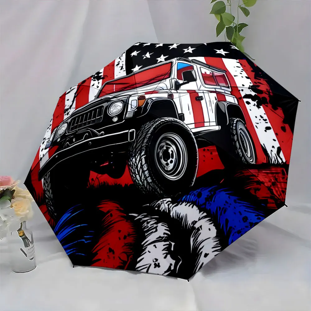 1PC Off-road Adventure Umbrella with Flag Design Print 8 Iron Ribs Folding Umbrella Auto-Open Fashion Sunshade