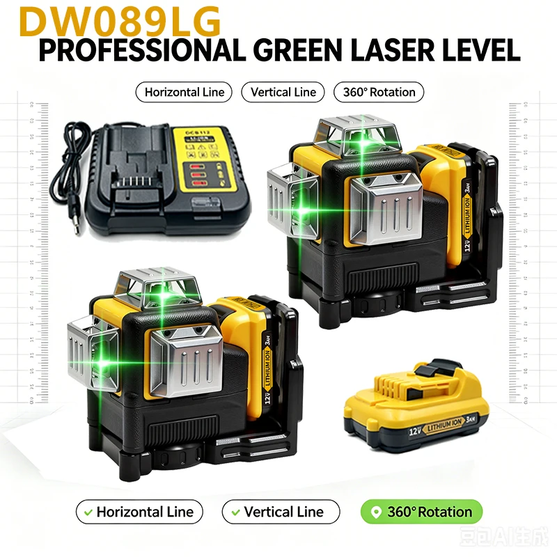 360° Horizontal Vertical | Outdoor Leveling Measurin For DEWALT DW089LG Lithium Battery Green Laser Level | 12 Lines 3 Sides