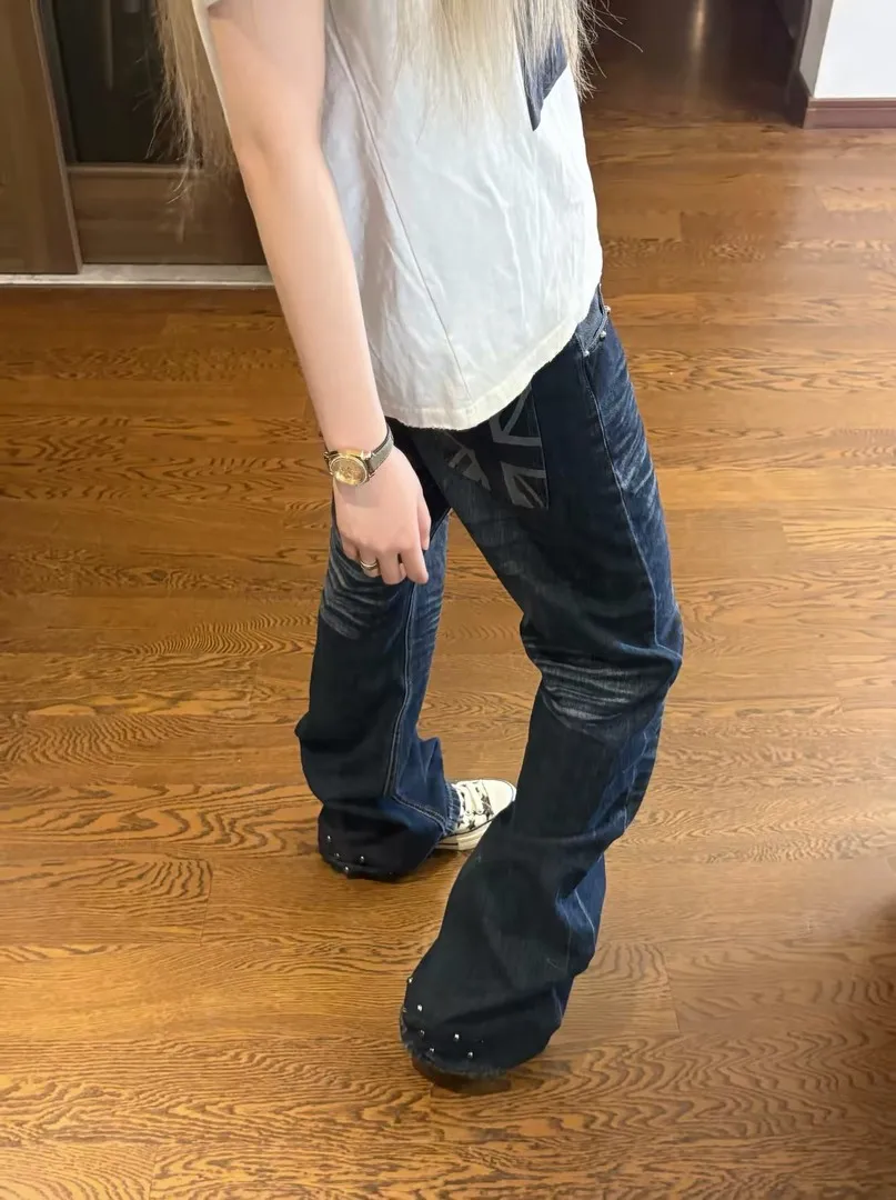 Retro Handmade Embellished Washed Denim Jeans Stacked Folded Vintage Blue Light Watermelon Pattern Men's mid Waist Loose Fit