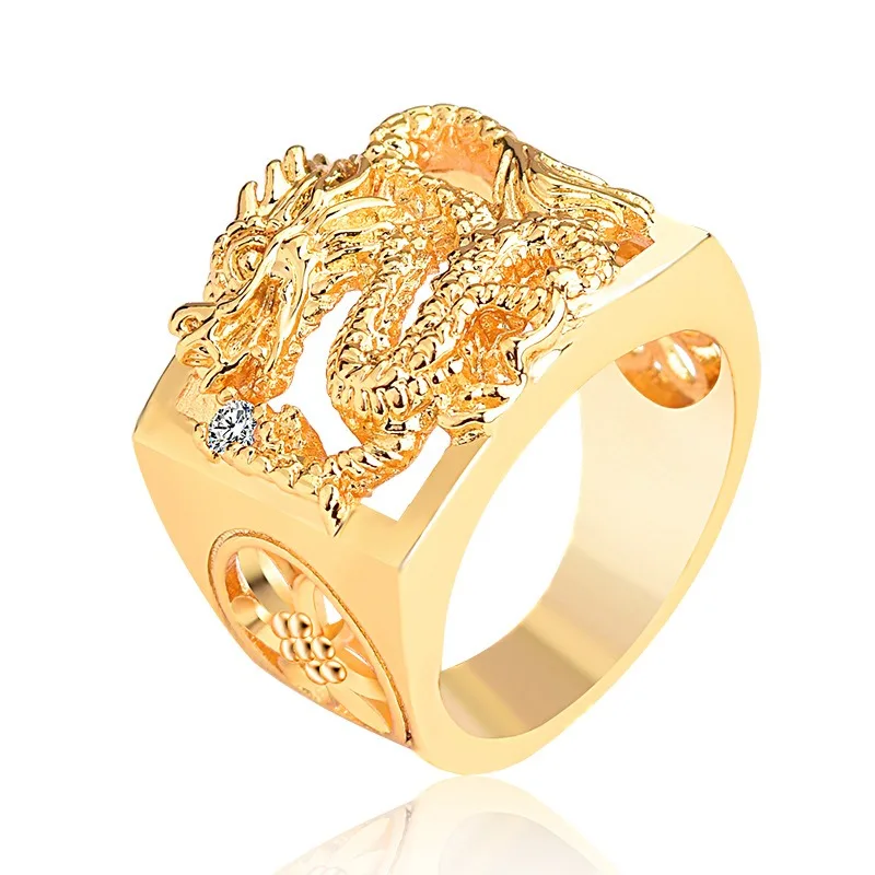 Men's Domineering Dragon Ring, Vietnamese Sand Gold Imitation Gold, Copper Gold-Plated, Hollow-Out Dragon Pattern Ring