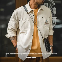 Maden Navajo Totem Printed Long-sleeved Shirt for Men Patchwork Pocket Overshirt Male Autumn Outerwear Beige Color Shirts