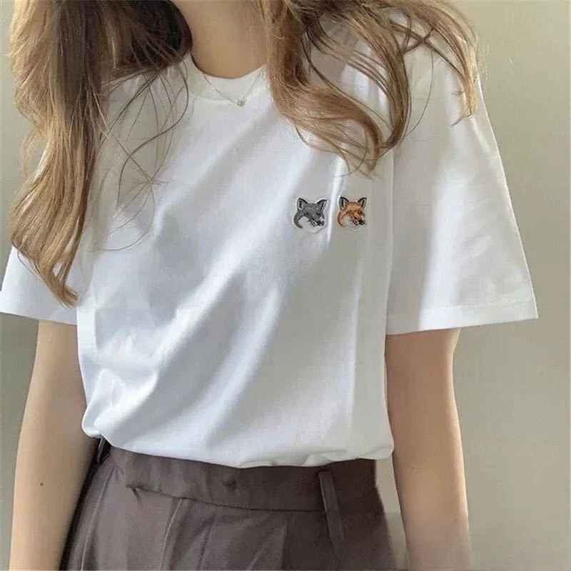 

Custom Shoulder Tshirt Classic Animal Embroidery Round Neck Unisex Casual Short Sleeve French Style Top