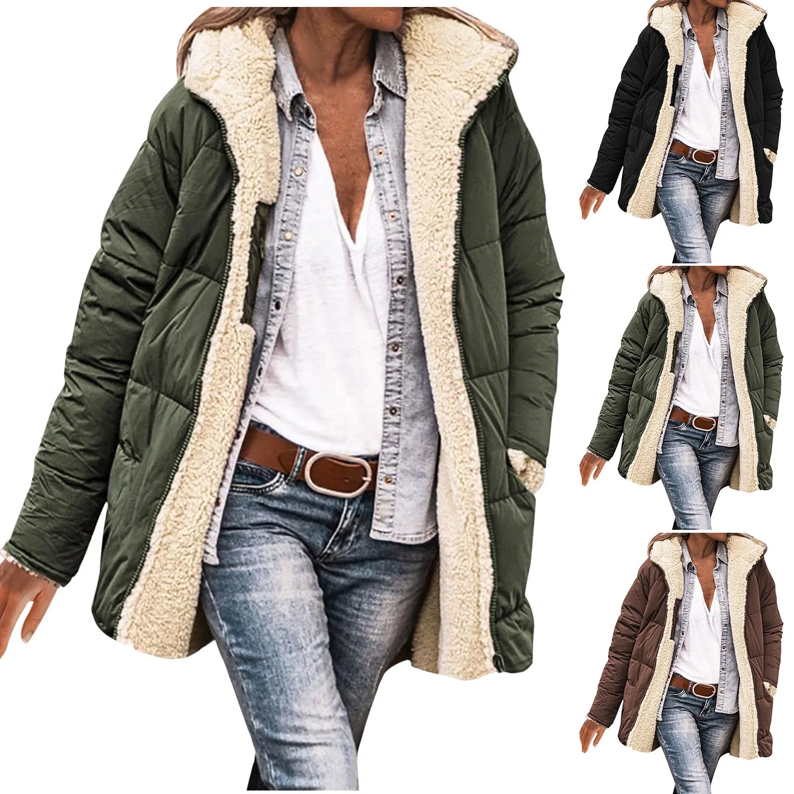 Women Fashion Plush Lined Hooded Thicken Zip-Up Loose Long Sleeve Sweater Down Jacket Female Winter Warm Streetwear Puffer Coats