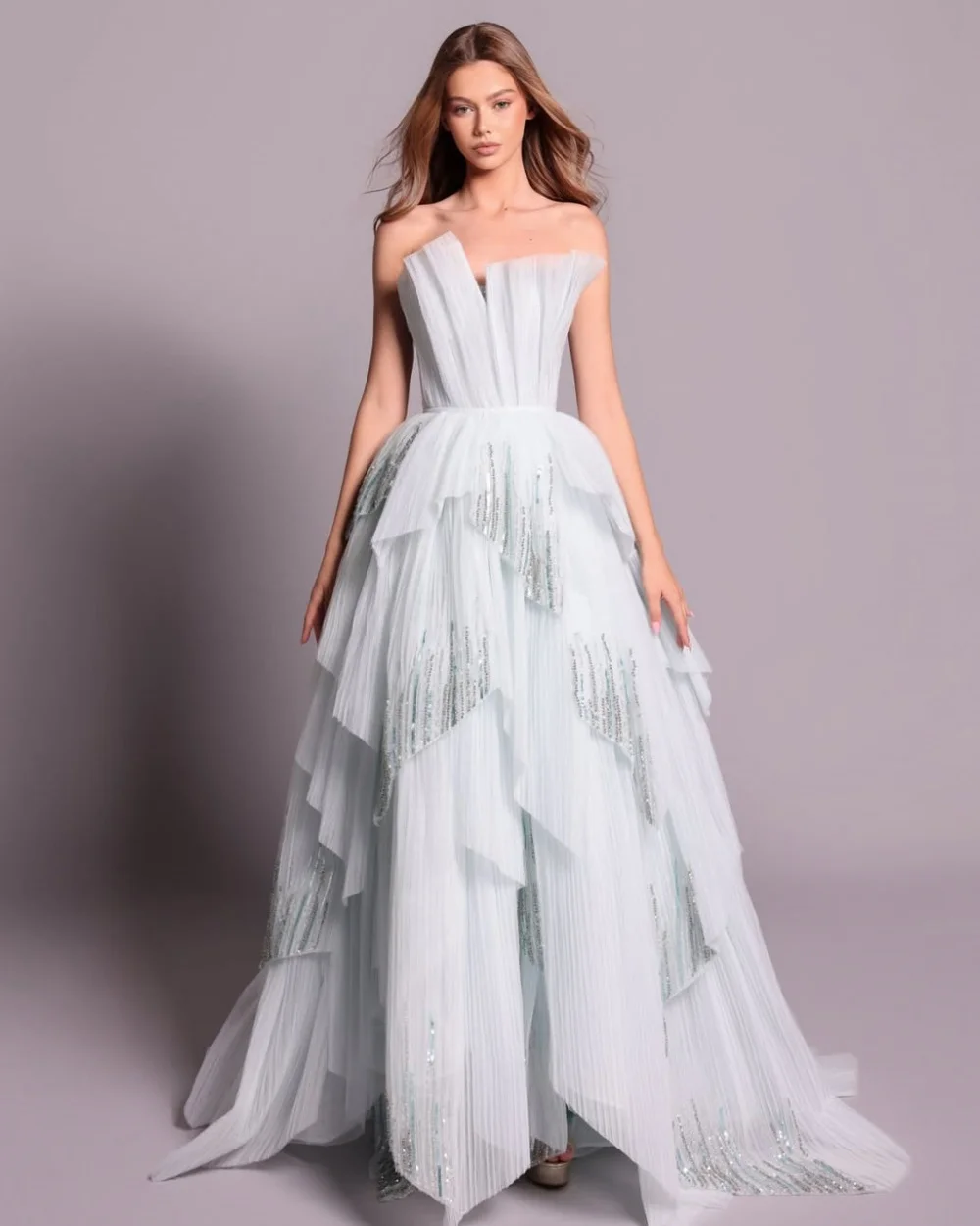 

Customized Exquisite Women Sequined Ruched A-line Evening Dresses High Quality Sexy Strapless Tiered Floor Lenght Prom Dresses