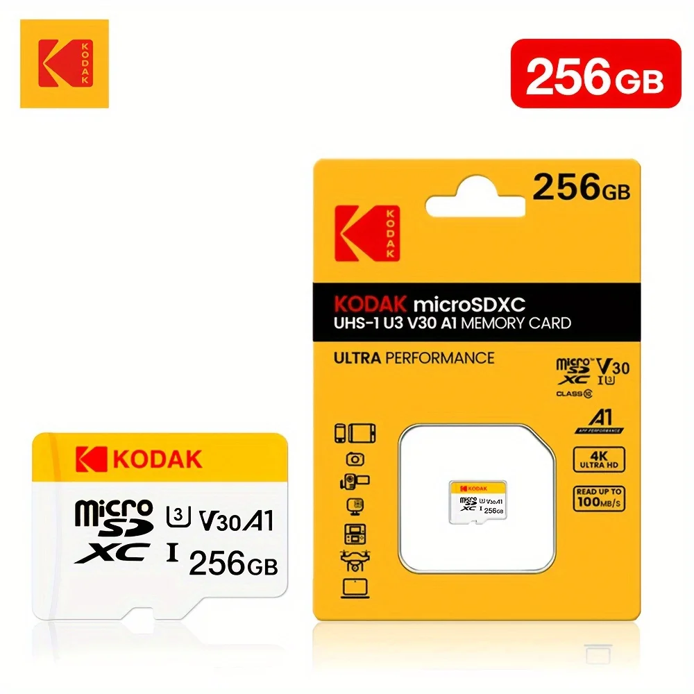 Kartu memori Kodak Micro SDCC/SDHC 32GB-256GB, performa tinggi cocok untuk penyimpanan ponsel, kamera, dan komputer