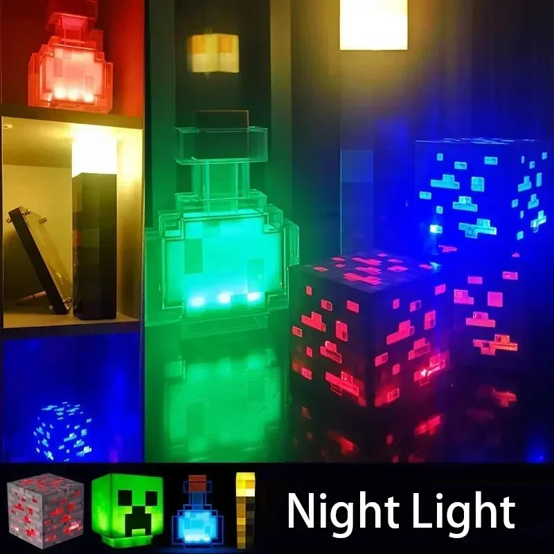 Minecraft Brownstone Torch Lamp Figure 4 Colors Bedroom Decorative Light LED Night Light USB Charging with Buckle Kids Toy Gift