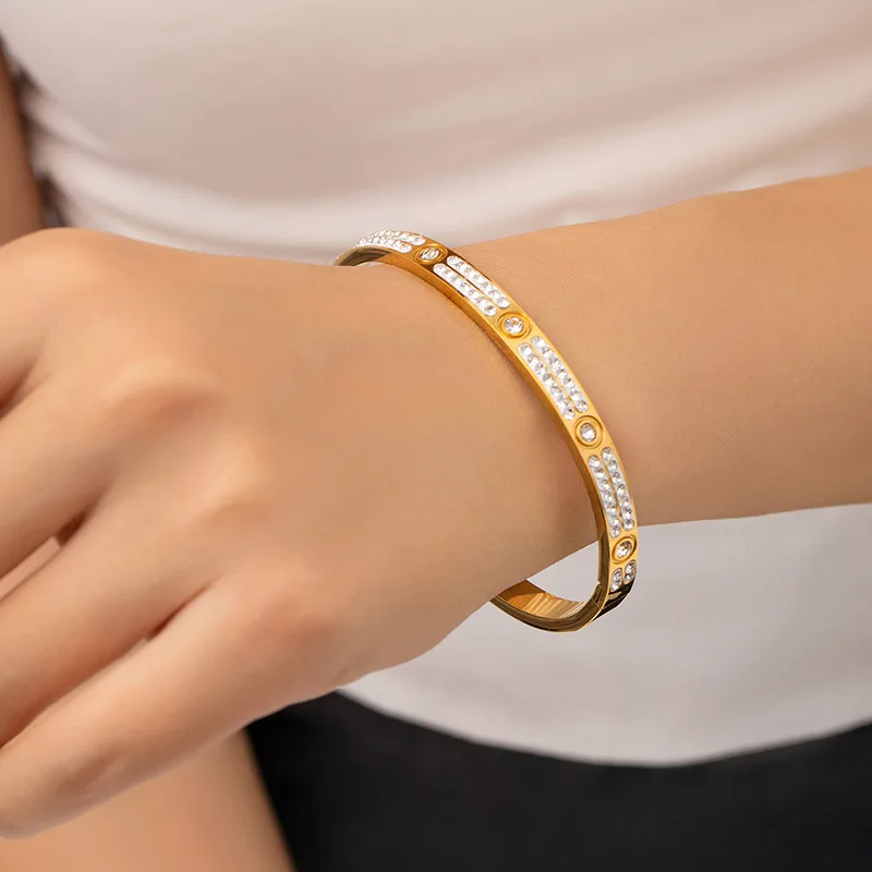 Women Bangle, Titanium Steel Wristband, Stainless Steel Sparkling Rhinestone Fashion Jewelry for Ladies view 3