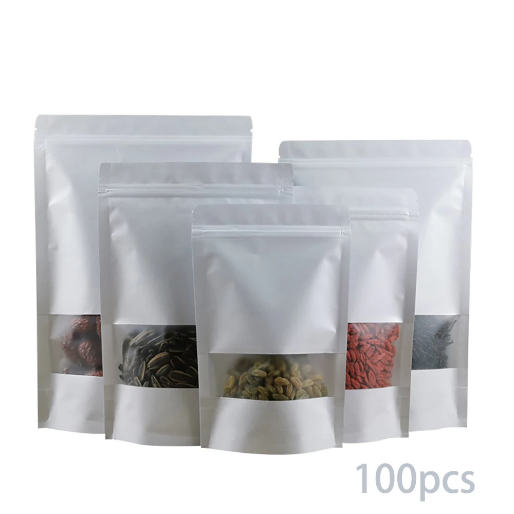 

Heat Sealed White Kraft Paper Ziplock Bag With Frosted Window Zipper PE Plastic Dry Goods Packaging for Nuts Coffee Beans Pizza