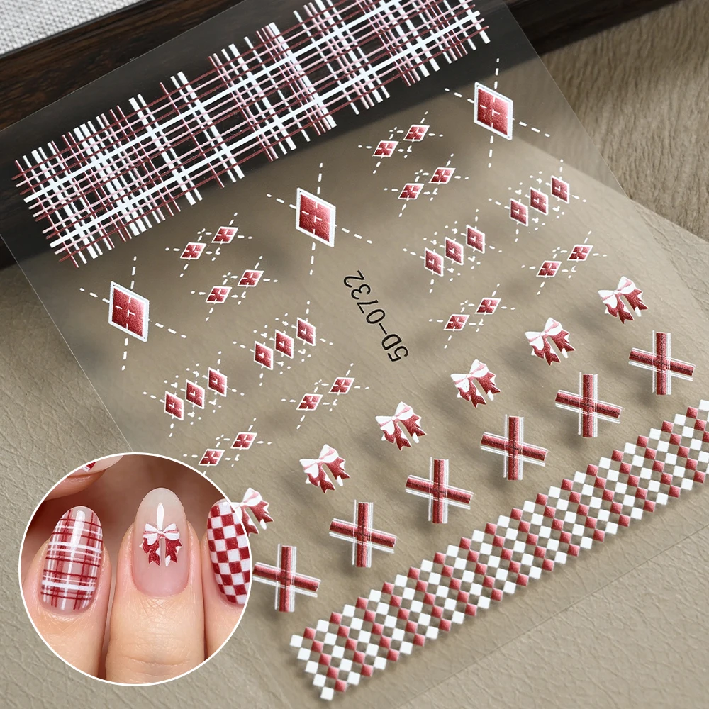 1pc 5D Red Checkerboard Nail Stickers Embossed Bow Nail Art Decals Retro Sweet Style Manicure Decorations for Daily Wear & Date*