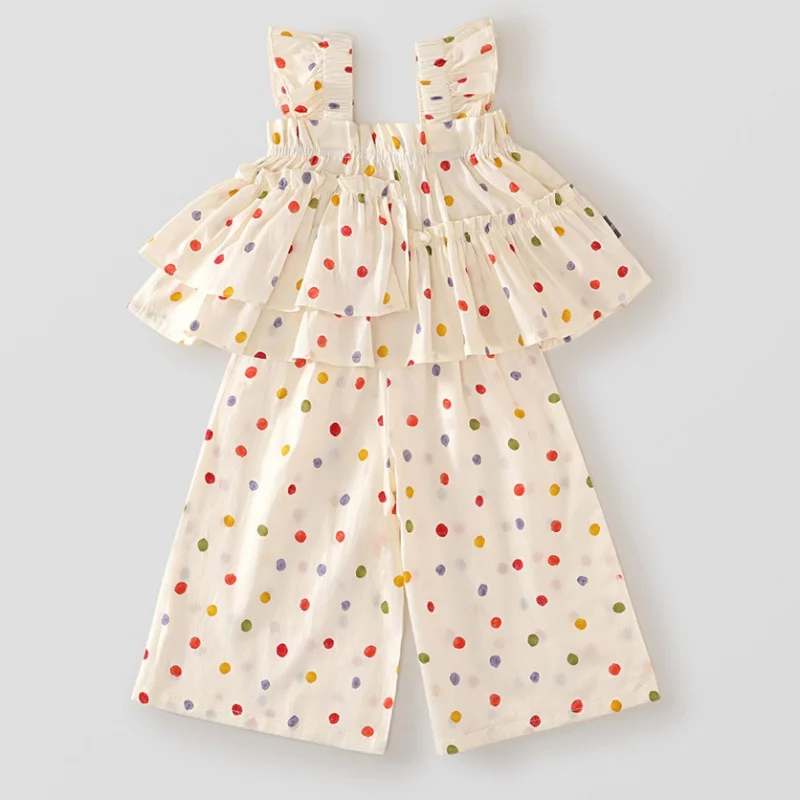 2Piece Set  Halter Top Wide Leg Pants Children's Summer Flying Sleeve Vest Set Suspender Lace Girls' Medium Children's Lace Set