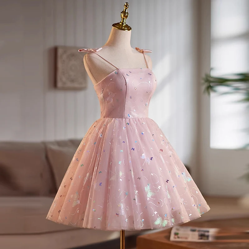 AnXin SH księżniczka różowa koronkowa kokardka spaghetti pasek frezowanie świecący motyl krótka dostosowana suknia wieczorowa mała biała sukienka