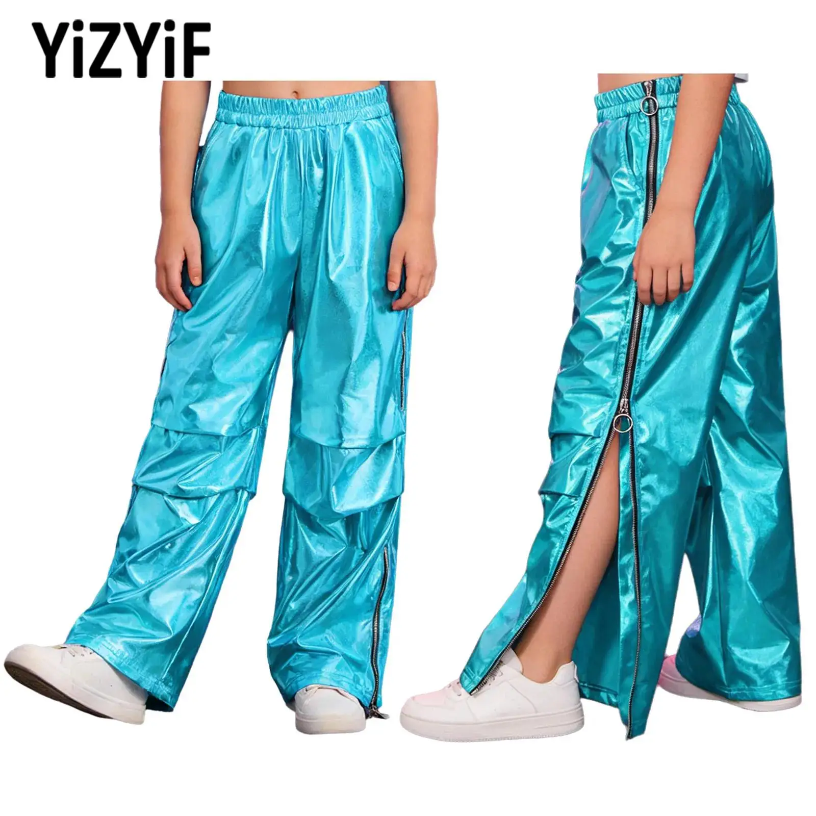 

Unisex Kids Boys Girls Basketball Sports Pants Trousers Side Split Tear Away Press Button Metallic Pants for Dance Jogging Yoga