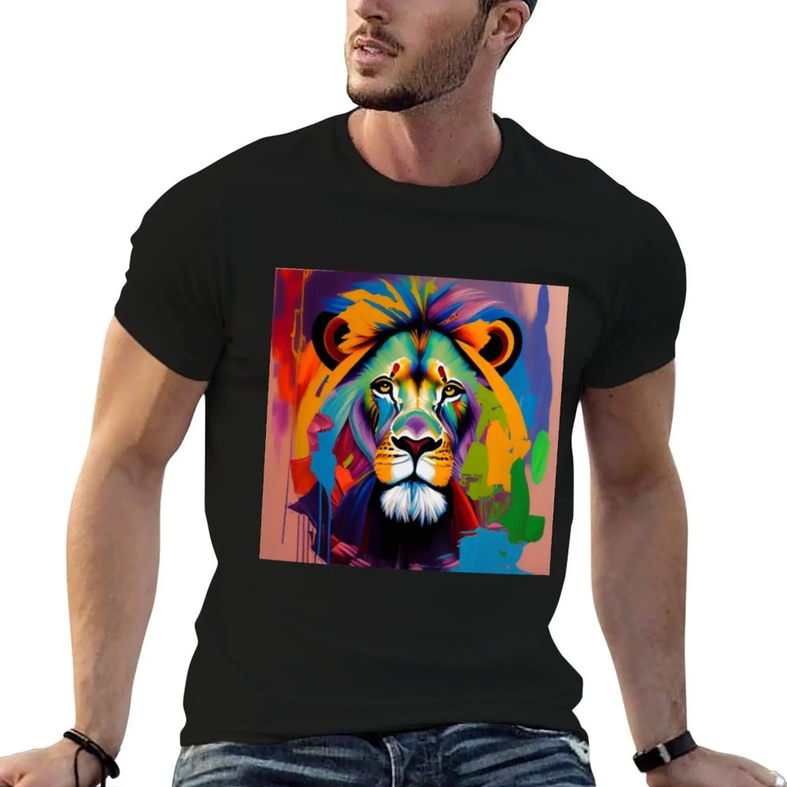Lions Oil Paint Majestic and Magnificent Face T-Shirt black cotton t-shirt plain for man package cotton tshirt 100% T-Shirt