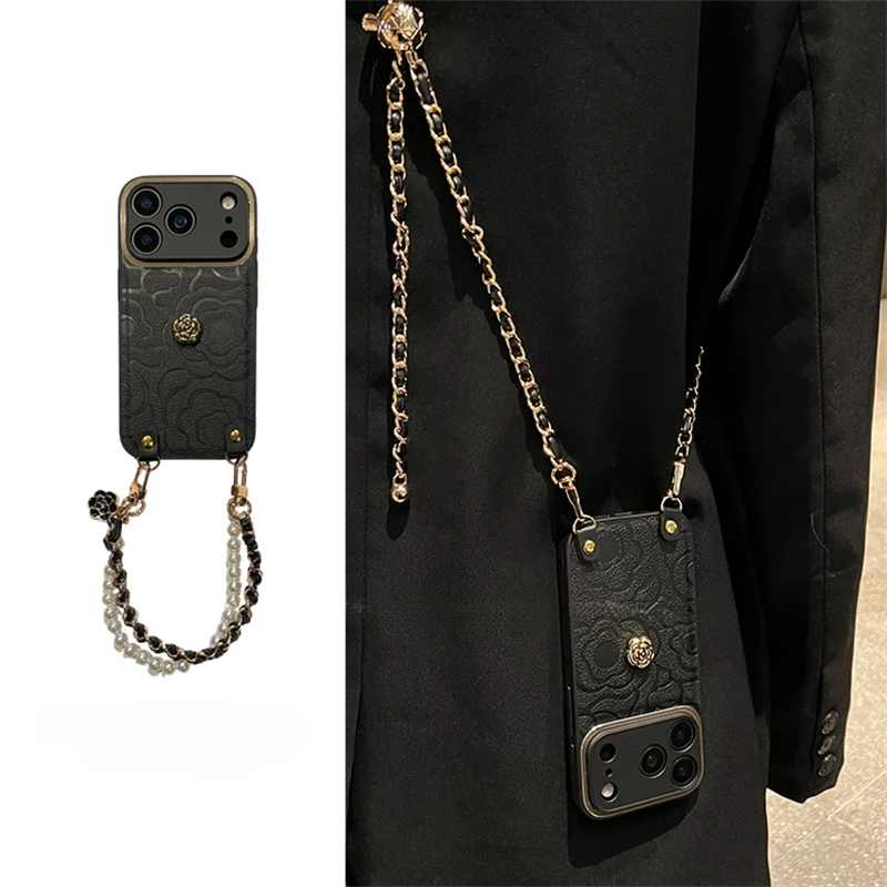 

High Quality Phone Case For iPhone 17 16 15 14 13 12 16 Pro Max Camellia Lens Protection Cover For iPhone 17 Pro max With Chain