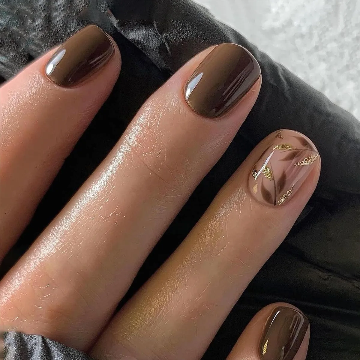 

Dark Brown Press On Nails, Short Square Soft Gel Fake Nails with Gold Leaf Accents & Glitter Design, Glossy Acrylic Look, Thick