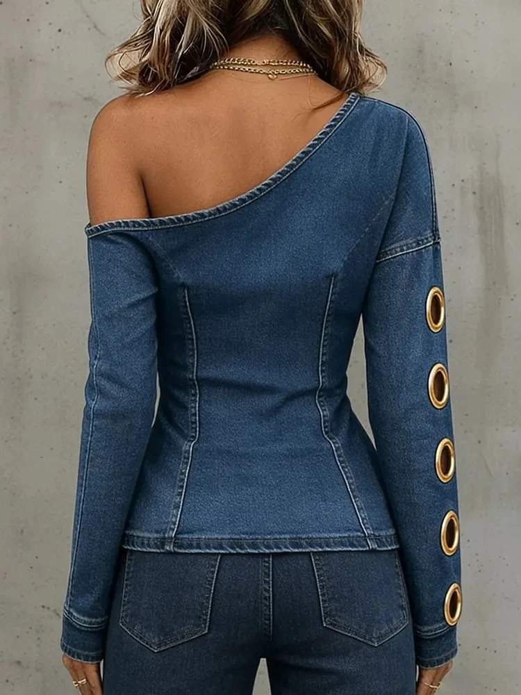 Retro Denim Off-shoulder Top for Women Oblique Collar Long Sleeve Metal Ring Cut Out Blouses Fashionable Street Slim Fit Shirt