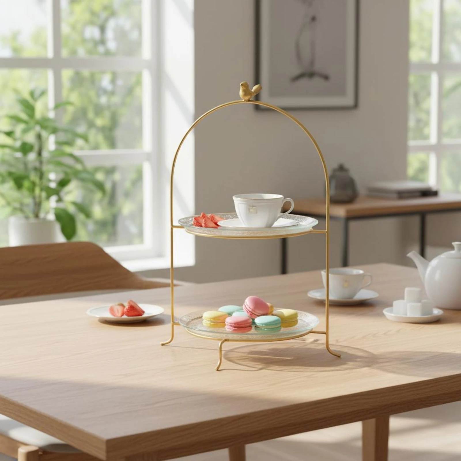 Gold Bird Cake Stand Elegant 2-Tier Dessert Stand Home Decor Decorative Display Metal Frame for Vanity