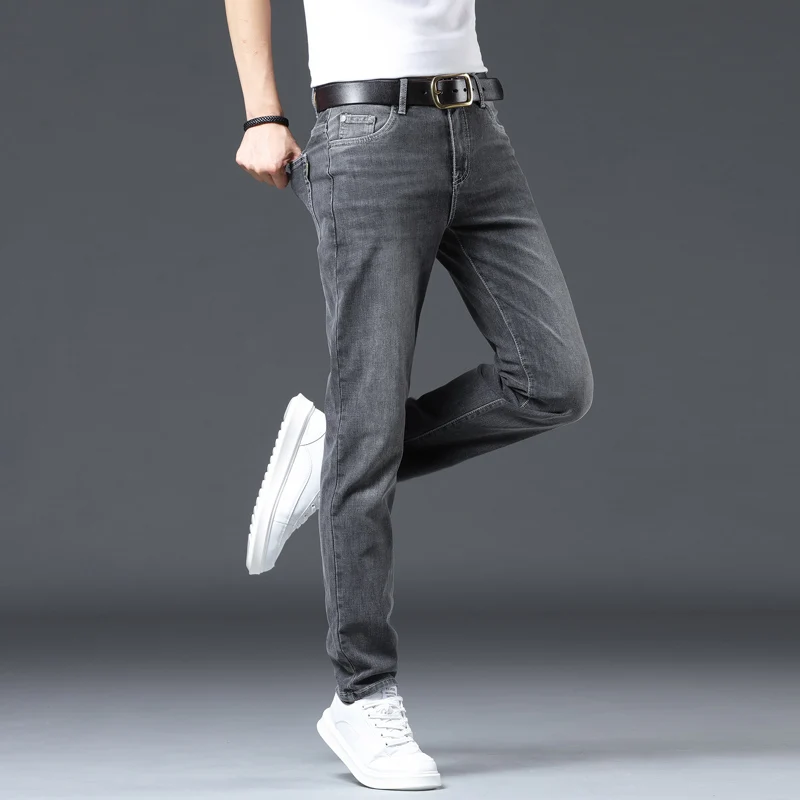 High quality slim fit elastic straight leg jeans with thick fleece in autumn and winter black gray men's Korean jeans men