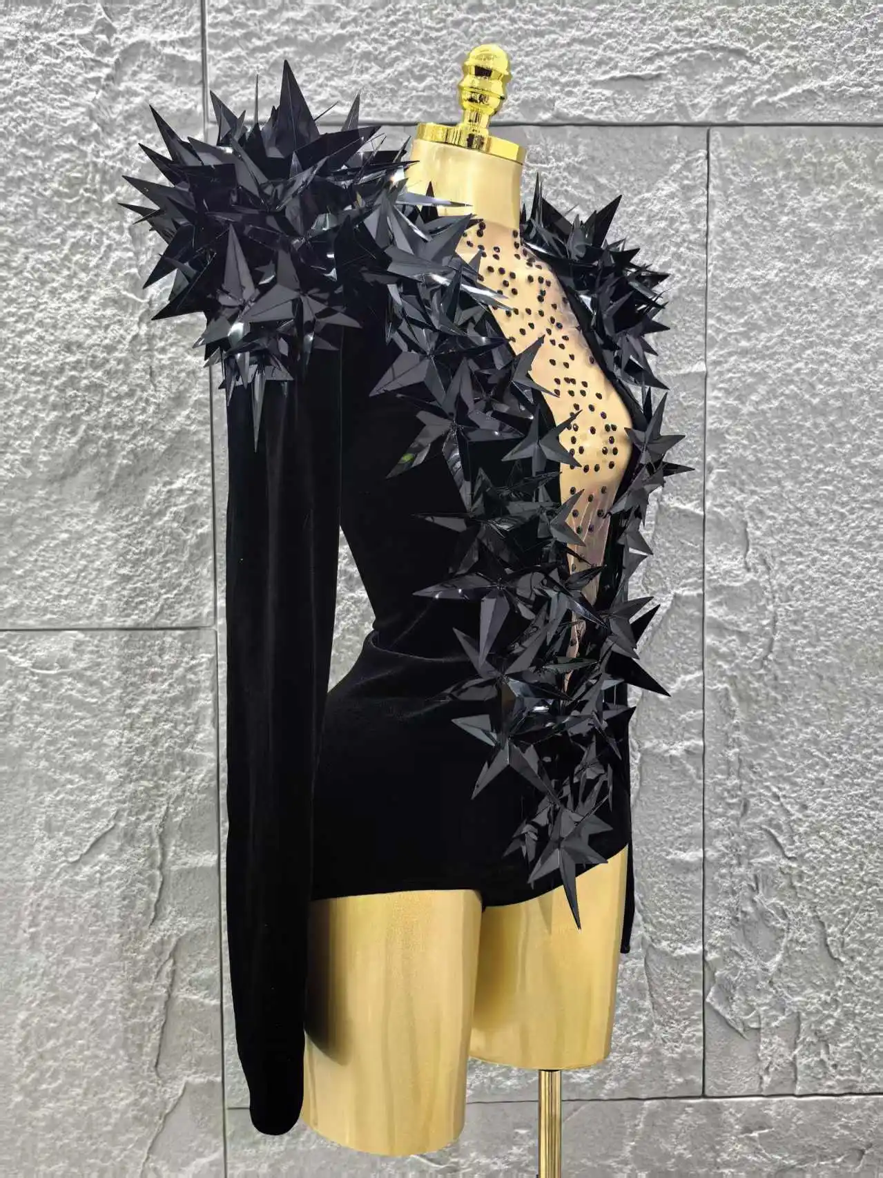 Women Evening Party Club Gala Hosts NightClub Bar Stage Costumes Shiny Black Rhinestone Velvet Long Sleeve Bodysuit